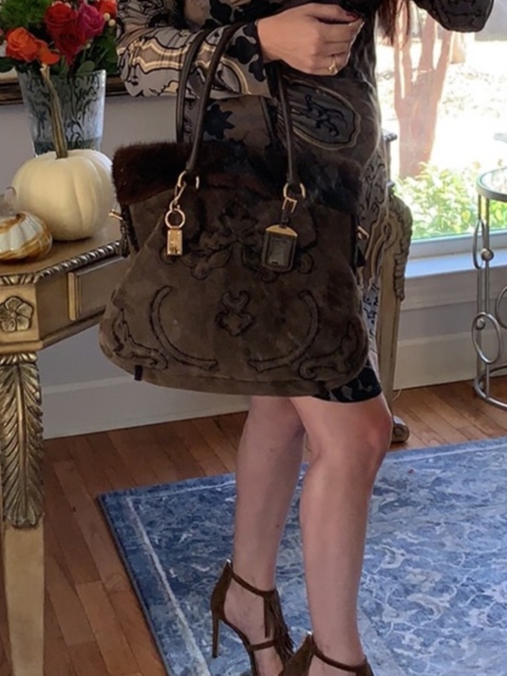 Prada Brown Suede Tote with Mink Fur Trim and Gold Hardware - Picture 2 of 15